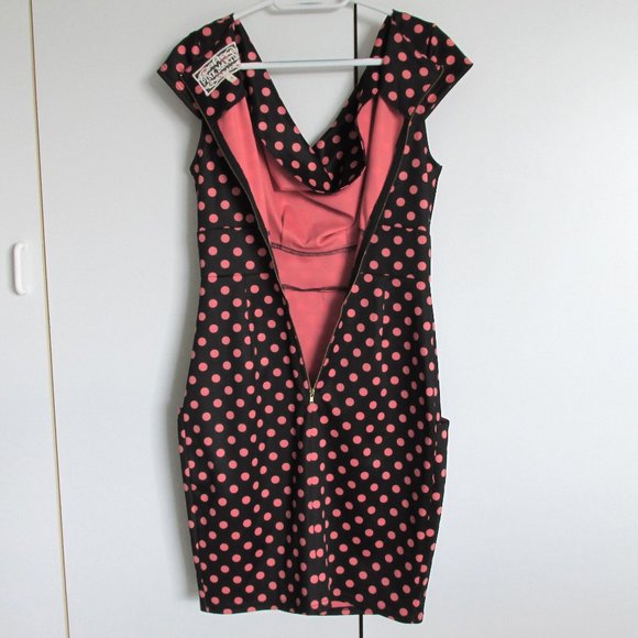 Pink Martini Retro Dress Cowl Neck Cap Sleeve Pinup Black & Pink Polka Dot Dress - Picture 5 of 11